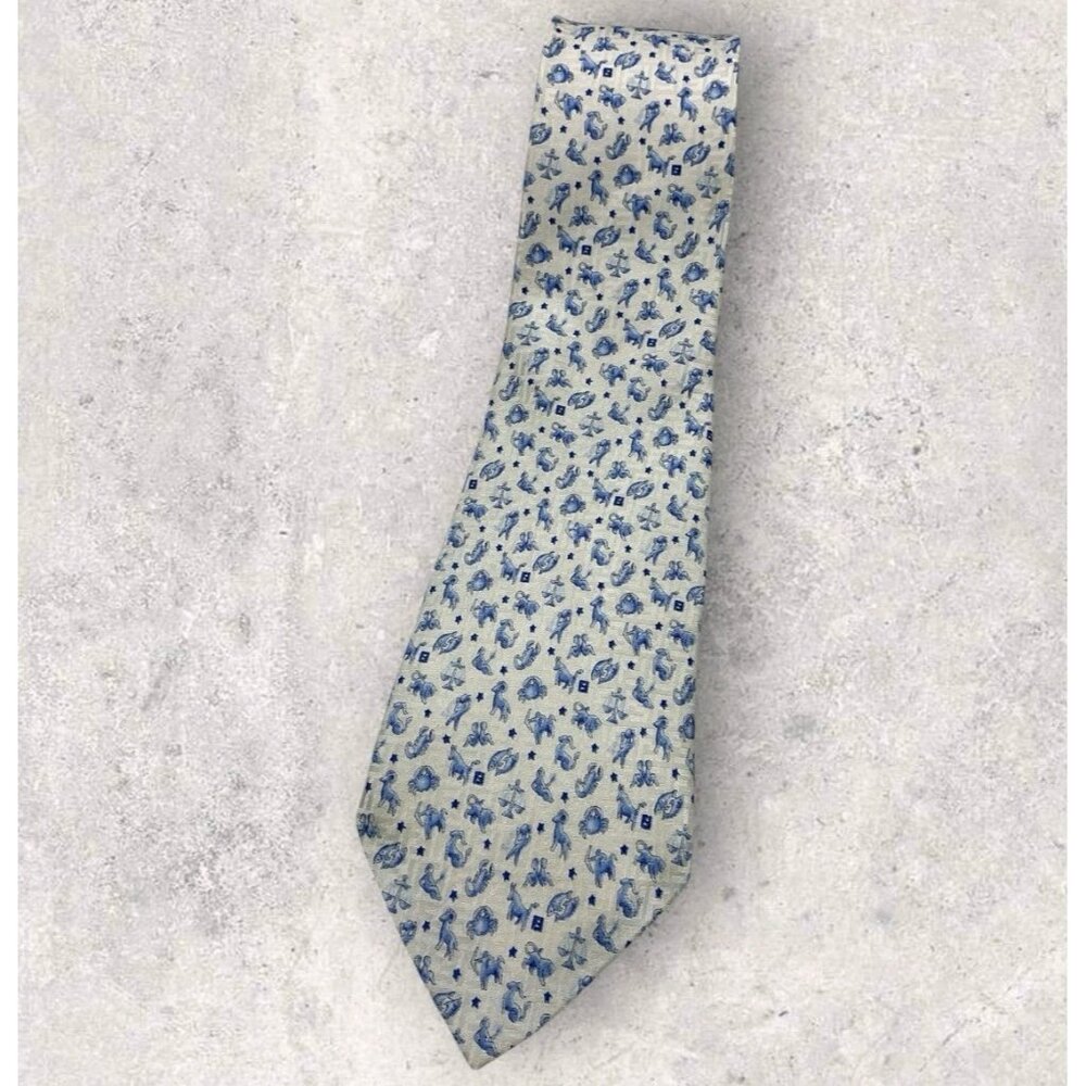 FENDI Silk Tie ITALY Ivory Blue Horoscope W:3.5" EUC